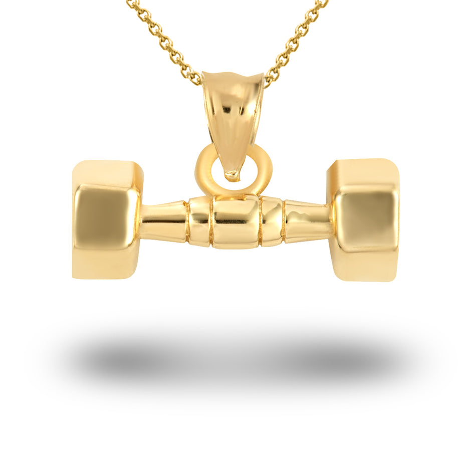 Gold Dumbbell Weightlifting Fitness Gym Pendant Necklace (Available in Yellow/Rose/White Gold)