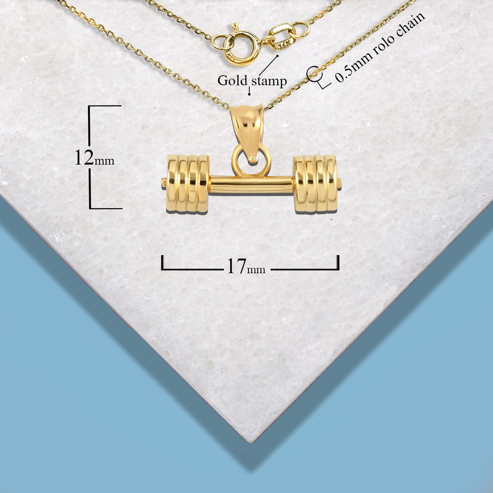Gold Barbell Weightlifting Fitness Gym Pendant Necklace (Available in Yellow/Rose/White Gold)