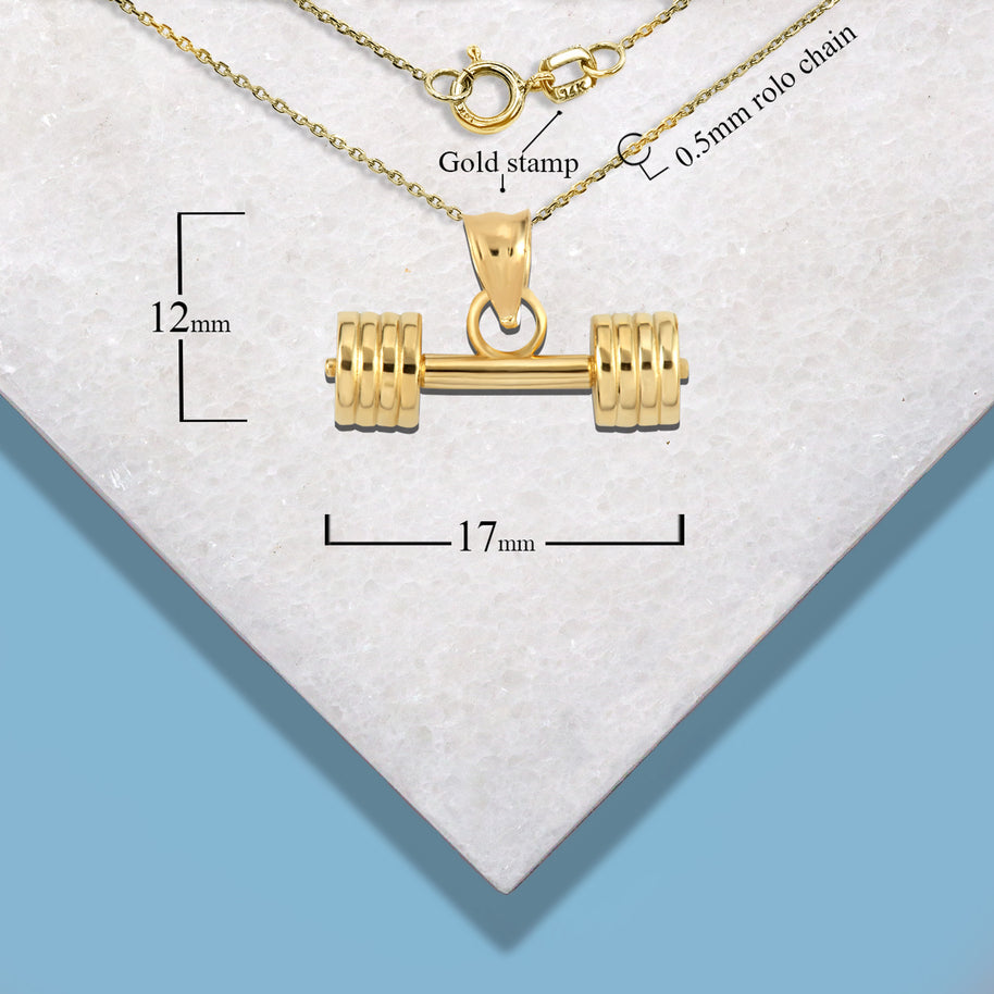 Gold Barbell Weightlifting Fitness Gym Pendant Necklace (Available in Yellow/Rose/White Gold)