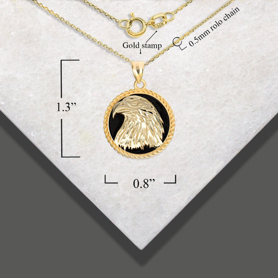 Gold Diamond Cut Eagle Black Onyx Rope Medallion Pendant Necklace (Available in Yellow/White Gold)