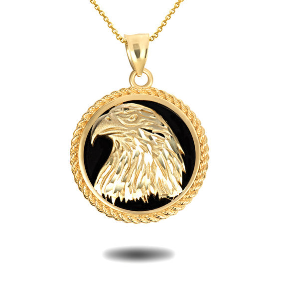 Gold Diamond Cut Eagle Black Onyx Rope Medallion Pendant Necklace (Available in Yellow/White Gold)