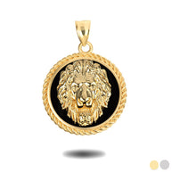 Gold Black Onyx Lion Rope Medallion Pendant Necklace (Available in Yellow/White Gold)