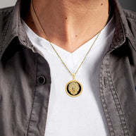 Gold Black Onyx Lion Rope Medallion Pendant Necklace (Available in Yellow/White Gold)