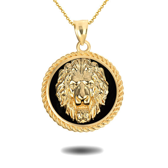 Gold Black Onyx Lion Rope Medallion Pendant Necklace (Available in Yellow/White Gold)