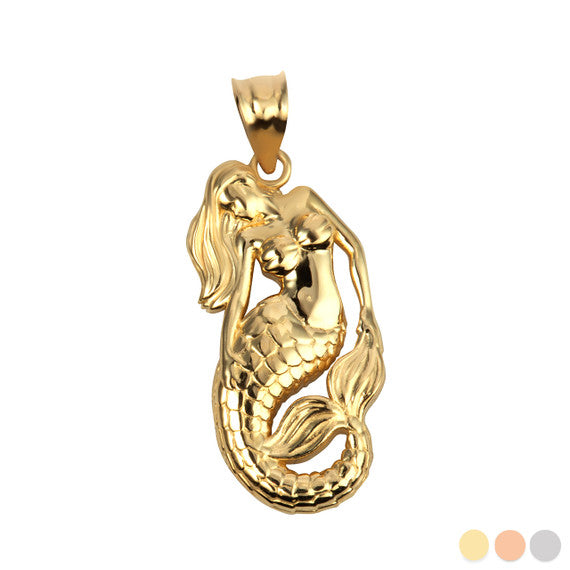 Gold Sea Mermaid Ocean Pendant Necklace (Available in Yellow/Rose/White Gold)