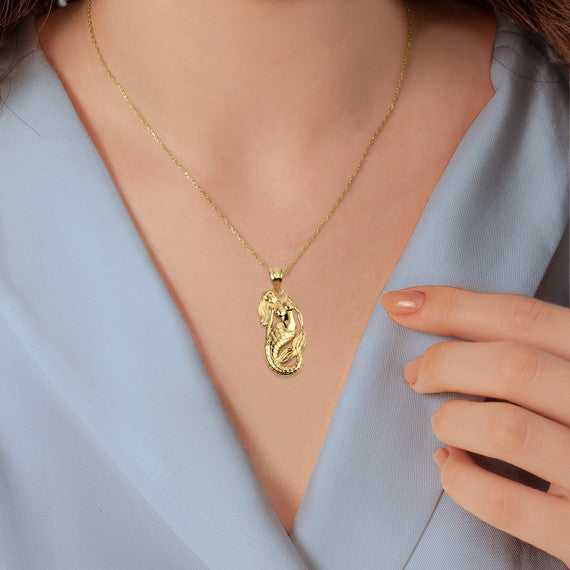 Gold Sea Mermaid Ocean Pendant Necklace (Available in Yellow/Rose/White Gold)