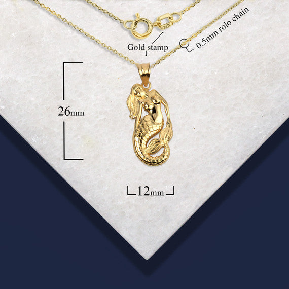 Gold Sea Mermaid Ocean Pendant Necklace (Available in Yellow/Rose/White Gold)