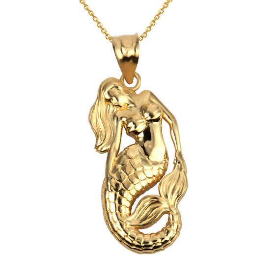 Gold Sea Mermaid Ocean Pendant Necklace (Available in Yellow/Rose/White Gold)