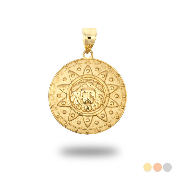 Gold Lion Head Sun Beaded Medallion Pendant Necklace (Available in Yellow/Rose/White Gold)