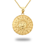 Gold Lion Head Sun Beaded Medallion Pendant Necklace (Available in Yellow/Rose/White Gold)
