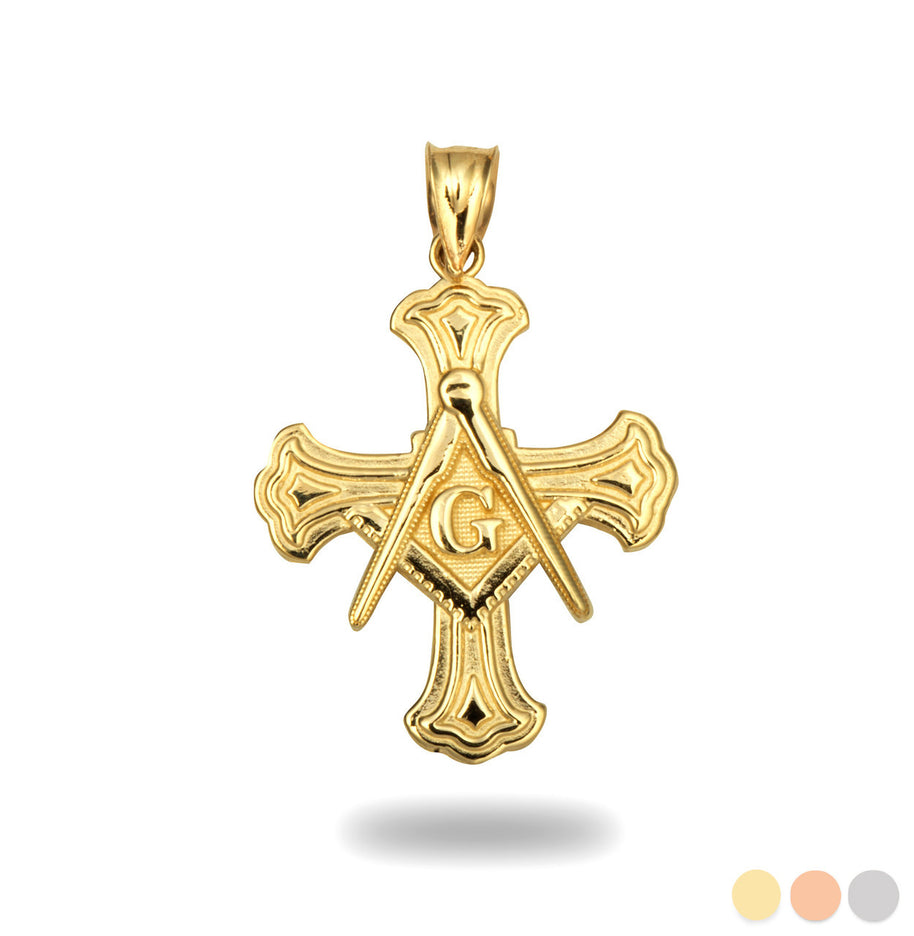 Gold Freemason Cross Square and Compass Pendant Necklace (Available in Yellow/Rose/White Gold)
