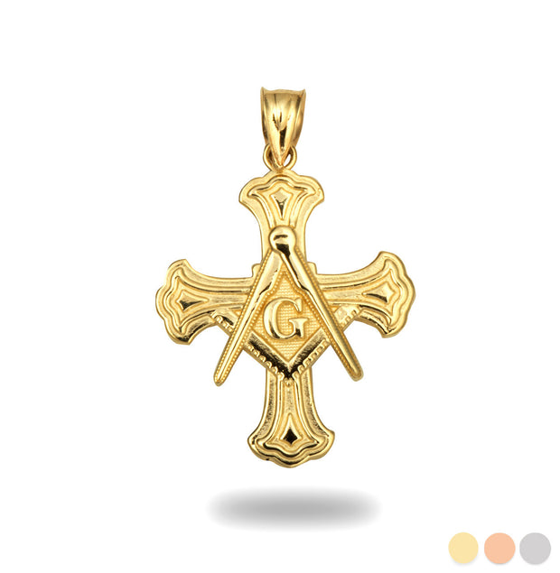 Gold Freemason Cross Square and Compass Pendant Necklace (Available in Yellow/Rose/White Gold)
