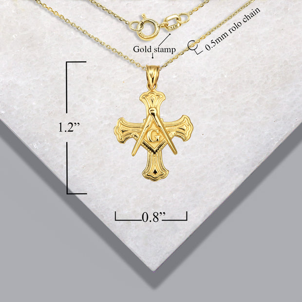 Gold Freemason Cross Square and Compass Pendant Necklace (Available in Yellow/Rose/White Gold)