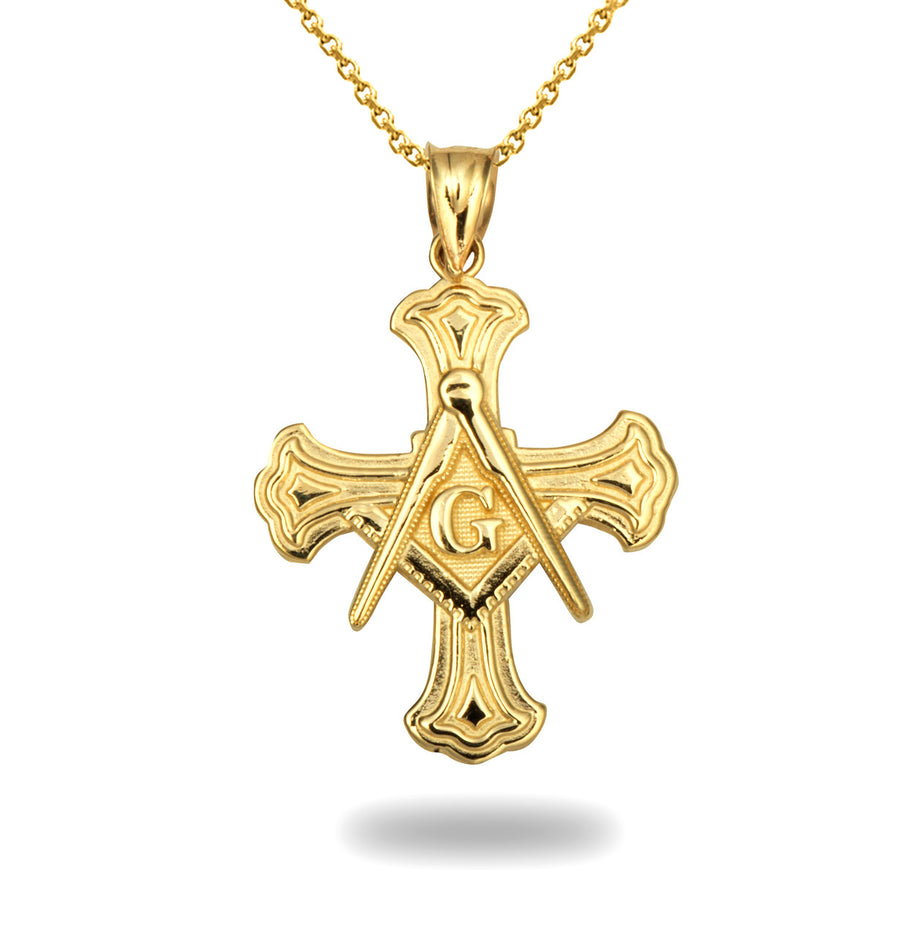 Gold Freemason Cross Square and Compass Pendant Necklace (Available in Yellow/Rose/White Gold)