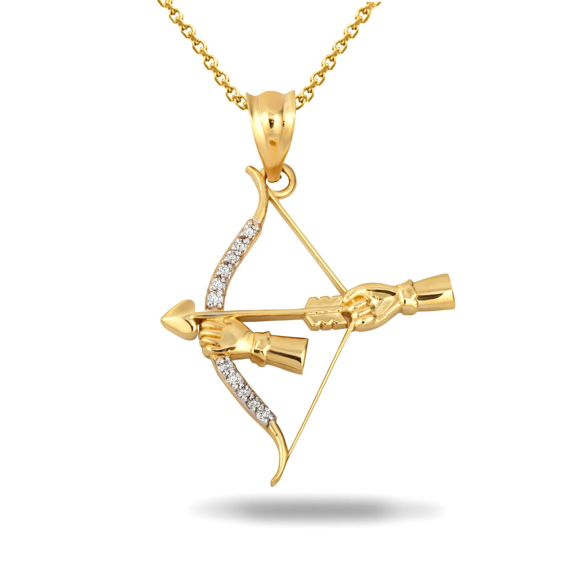 Gold Diamond Bow & Arrow Heart Cupid Archer Pendant Necklace (Available in Yellow/Rose/White Gold)