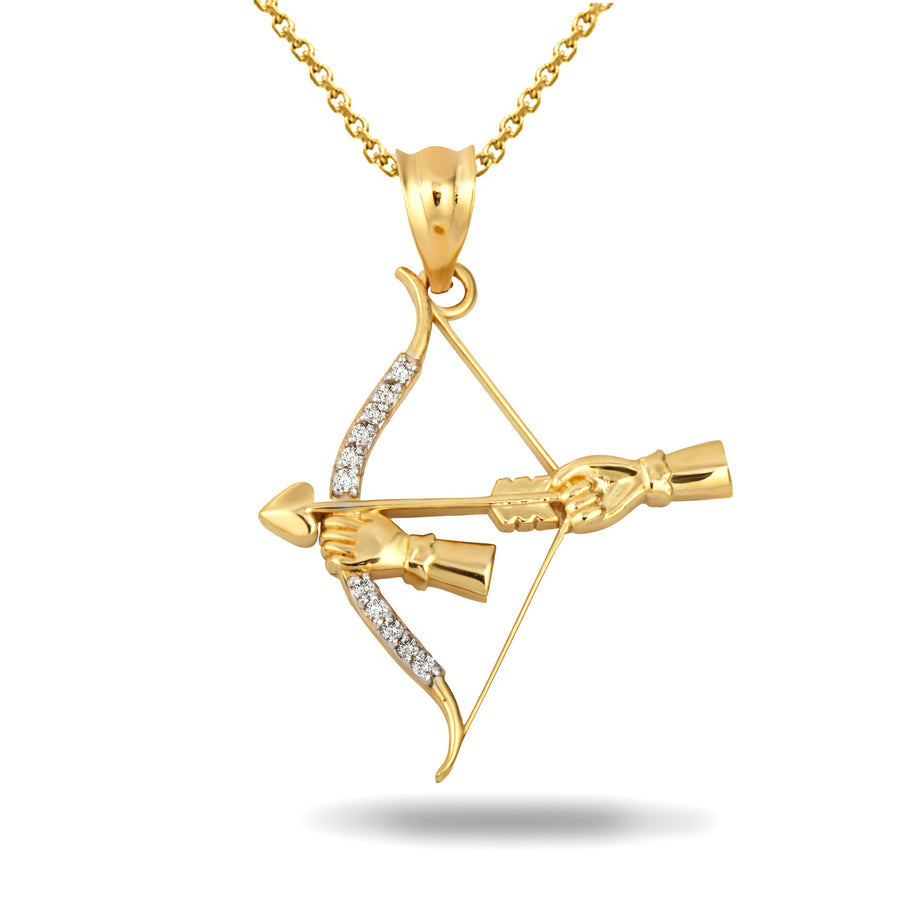 Gold Diamond Bow & Arrow Heart Cupid Archer Pendant Necklace (Available in Yellow/Rose/White Gold)