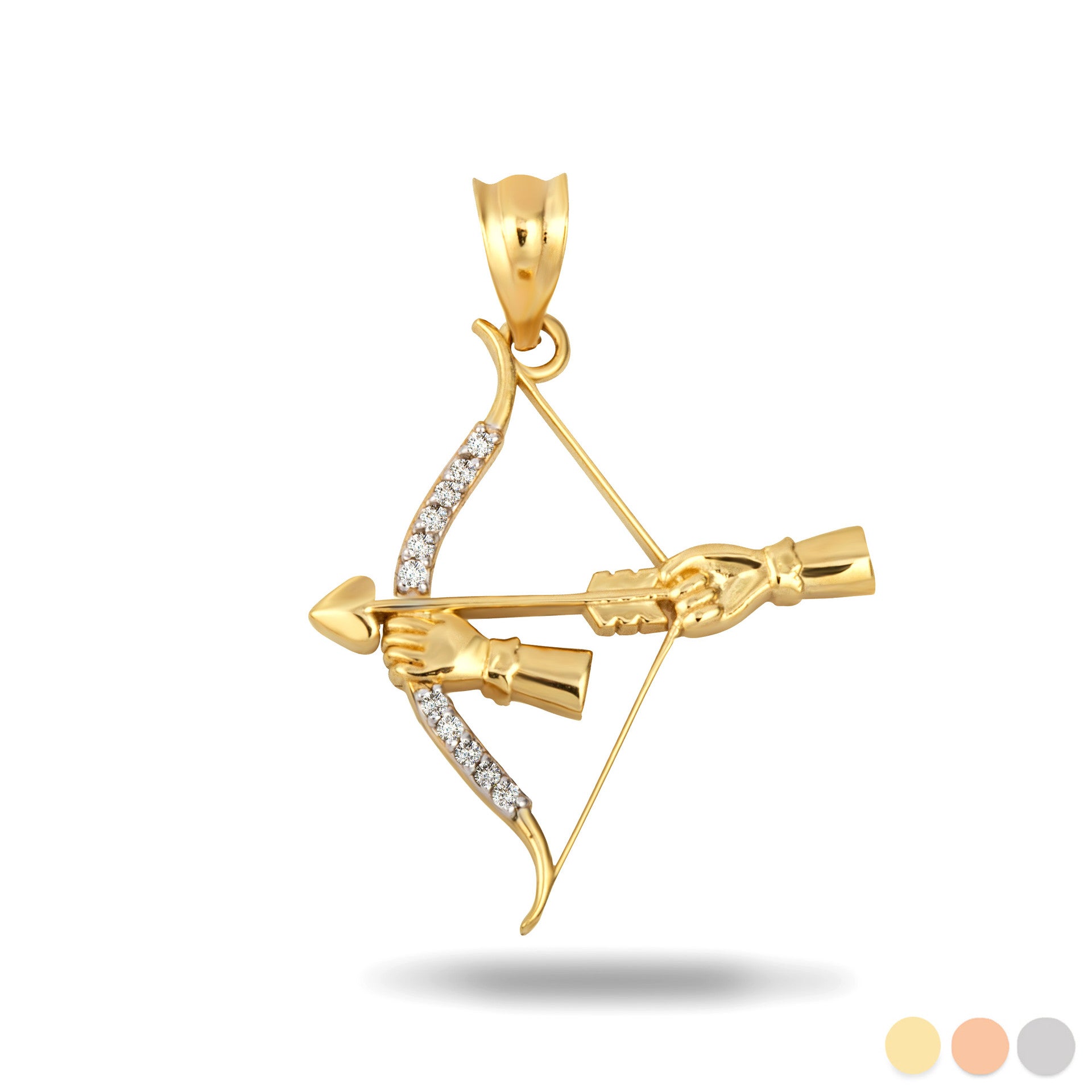 Gold Diamond Bow & Arrow Heart Cupid Archer Pendant Necklace (Available in Yellow/Rose/White Gold)