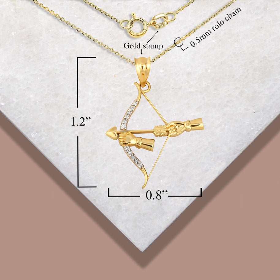 Gold Diamond Bow & Arrow Heart Cupid Archer Pendant Necklace (Available in Yellow/Rose/White Gold)