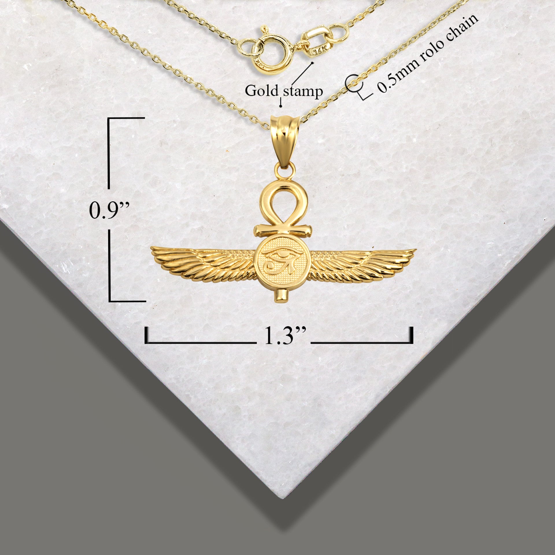 Gold Egyptian Ankh Cross Eye Of Horus Wedjat Winged Goddess Isis Protection Pendant Necklace (Available in Yellow/Rose/White Gold)