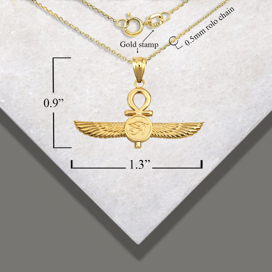 Gold Egyptian Ankh Cross Eye Of Horus Wedjat Winged Goddess Isis Protection Pendant Necklace (Available in Yellow/Rose/White Gold)