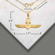 Gold Egyptian Ankh Cross Eye Of Horus Wedjat Winged Goddess Isis Protection Pendant Necklace (Available in Yellow/Rose/White Gold)