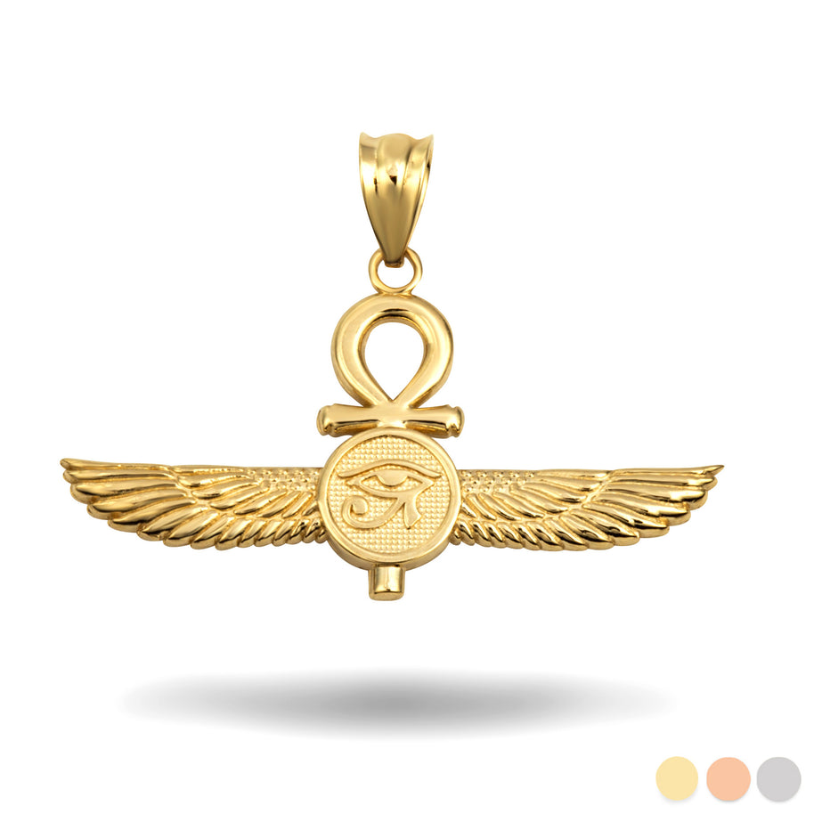 Gold Egyptian Ankh Cross Eye Of Horus Wedjat Winged Goddess Isis Protection Pendant Necklace (Available in Yellow/Rose/White Gold)