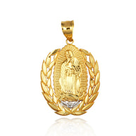 Two-Tone Gold Our Lady Of Guadalupe Laurel Wreath Milgrain Pendant Necklace (Available in Yellow/Rose/White Gold).