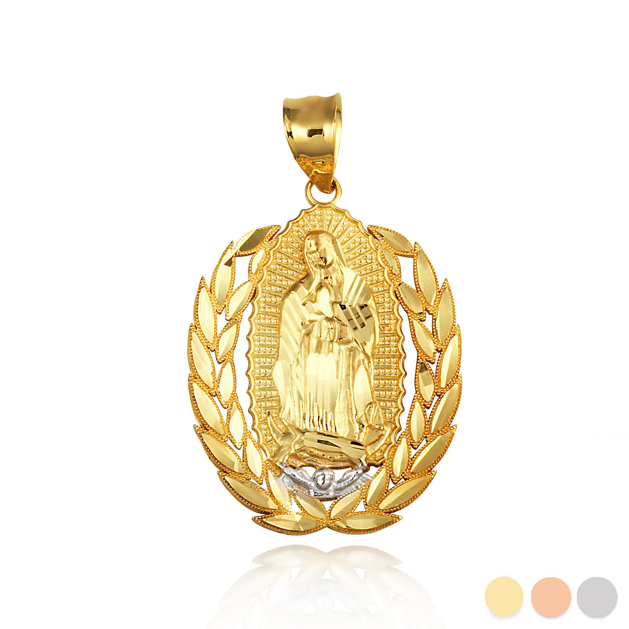 Two-Tone Gold Our Lady Of Guadalupe Laurel Wreath Milgrain Pendant Necklace (Available in Yellow/Rose/White Gold).
