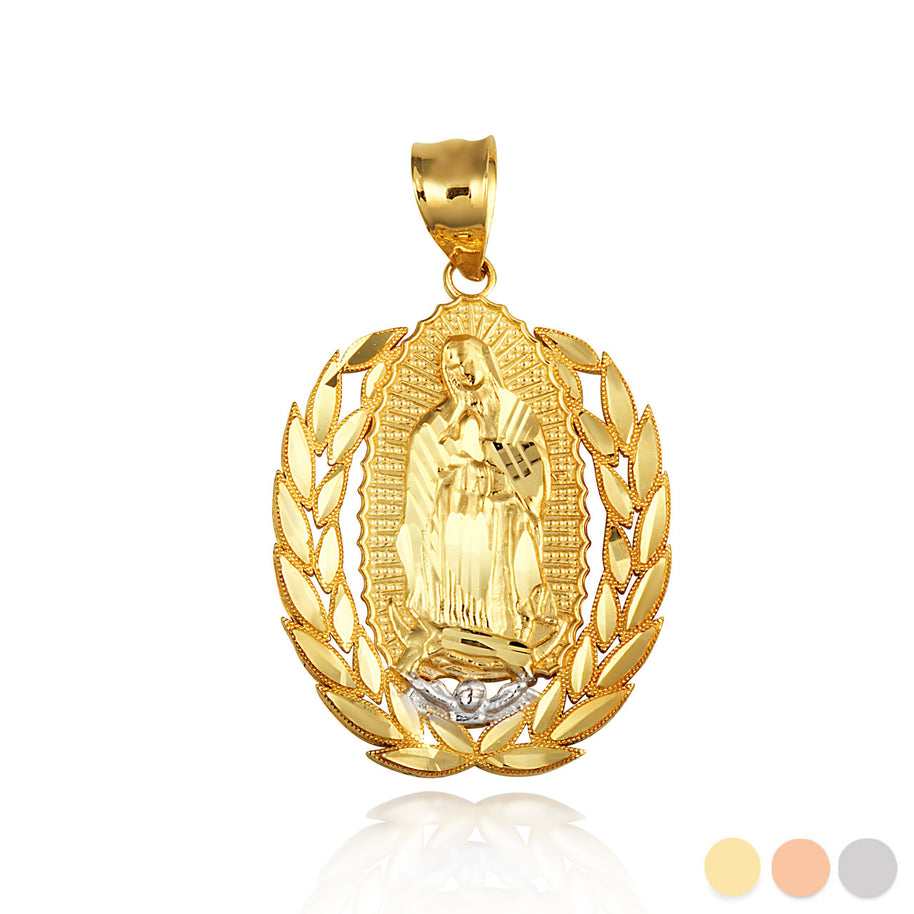 Two-Tone Gold Our Lady Of Guadalupe Laurel Wreath Milgrain Pendant Necklace (Available in Yellow/Rose/White Gold).