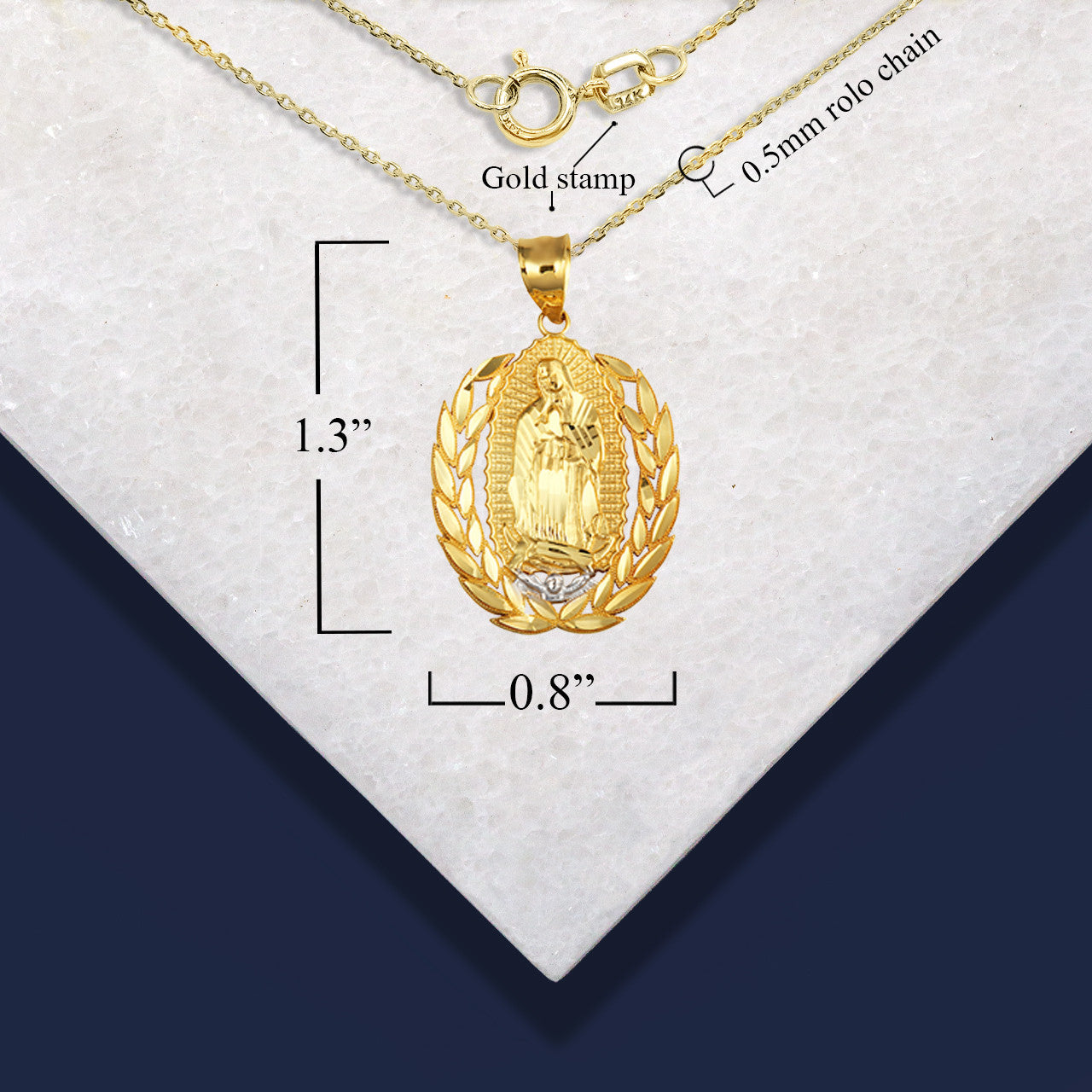 Two-Tone Gold Our Lady Of Guadalupe Laurel Wreath Milgrain Pendant Necklace (Available in Yellow/Rose/White Gold).