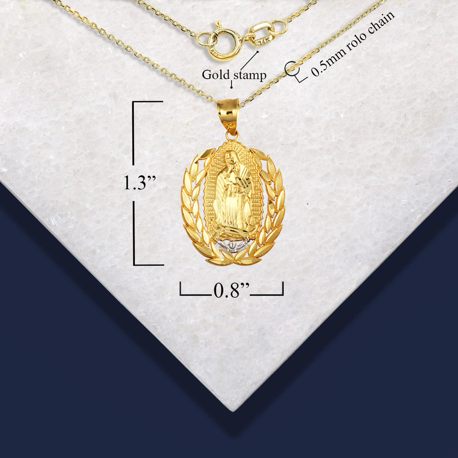 Two-Tone Gold Our Lady Of Guadalupe Laurel Wreath Milgrain Pendant Necklace (Available in Yellow/Rose/White Gold).