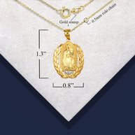 Two-Tone Gold Our Lady Of Guadalupe Laurel Wreath Milgrain Pendant Necklace (Available in Yellow/Rose/White Gold).