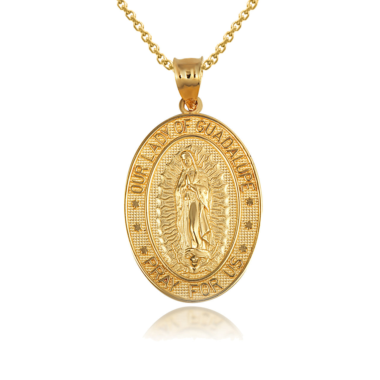 Gold Religious Our Lady of Guadalupe Beaded Oval Medallion Pendant Necklace (Available in Yellow/Rose/White Gold)