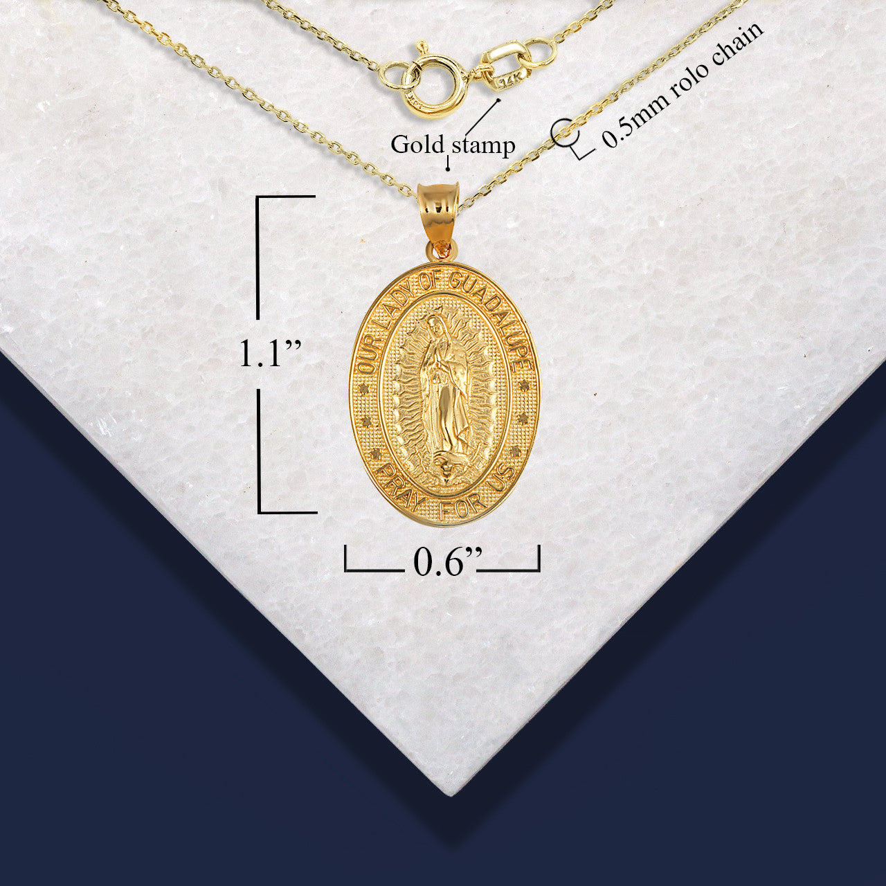 Gold Religious Our Lady of Guadalupe Beaded Oval Medallion Pendant Necklace (Available in Yellow/Rose/White Gold)