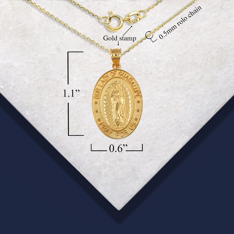 Gold Religious Our Lady of Guadalupe Beaded Oval Medallion Pendant Necklace (Available in Yellow/Rose/White Gold)