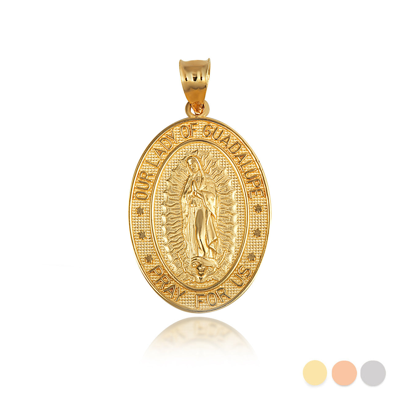 Gold Religious Our Lady of Guadalupe Beaded Oval Medallion Pendant Necklace (Available in Yellow/Rose/White Gold)
