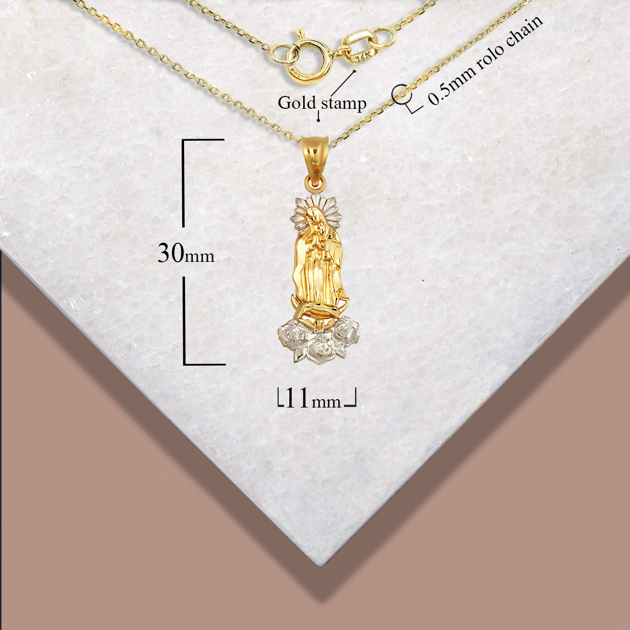 Two-Tone Gold Our Lady Of Guadalupe Rose Flower Pendant Necklace (Available in Yellow/Rose/White Gold).