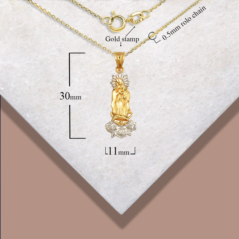 Two-Tone Gold Our Lady Of Guadalupe Rose Flower Pendant Necklace (Available in Yellow/Rose/White Gold).