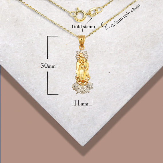 Two-Tone Gold Our Lady Of Guadalupe Rose Flower Pendant Necklace (Available in Yellow/Rose/White Gold).