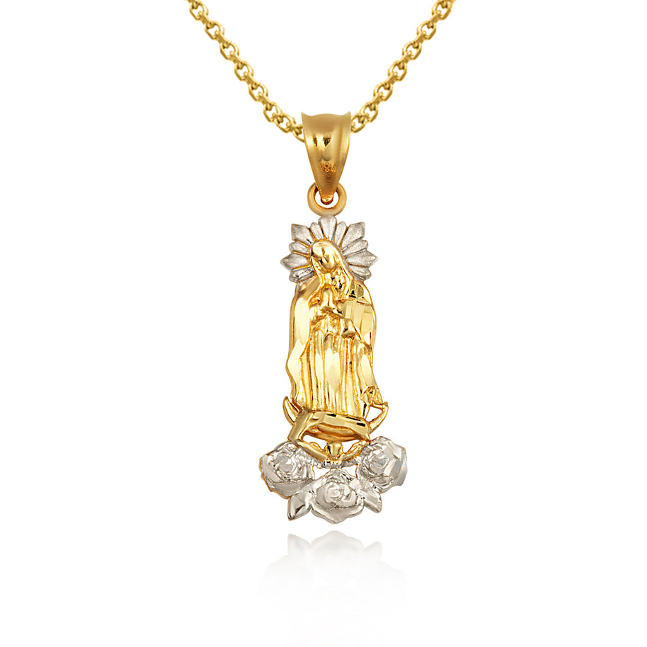 Two-Tone Gold Our Lady Of Guadalupe Rose Flower Pendant Necklace (Available in Yellow/Rose/White Gold).