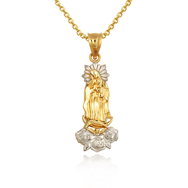 Two-Tone Gold Our Lady Of Guadalupe Rose Flower Pendant Necklace (Available in Yellow/Rose/White Gold).