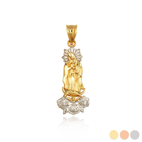 Two-Tone Gold Our Lady Of Guadalupe Rose Flower Pendant Necklace (Available in Yellow/Rose/White Gold).