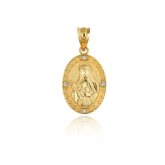 Gold Engravable Patron Saint Therese Of Lisieux Diamond Oval Medallion Pendant Necklace (Available in Yellow/Rose/White Gold)
