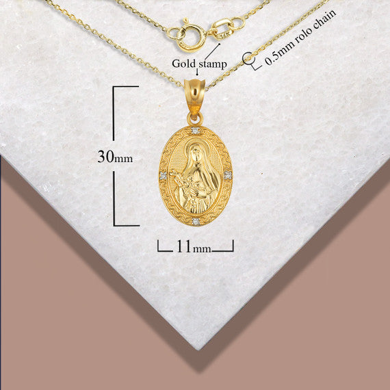 Gold Engravable Patron Saint Therese Of Lisieux Diamond Oval Medallion Pendant Necklace (Available in Yellow/Rose/White Gold)