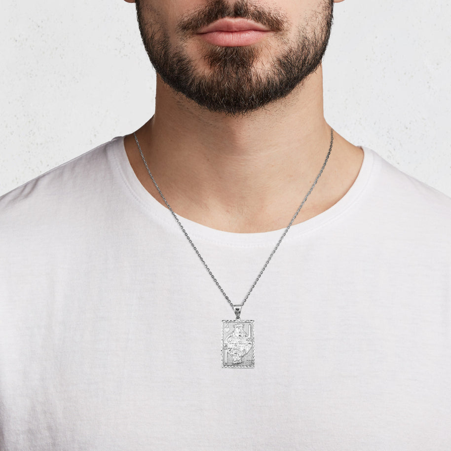 925 Sterling Silver Diamond Cut King Of Hearts Playing Cards Pendant Necklace