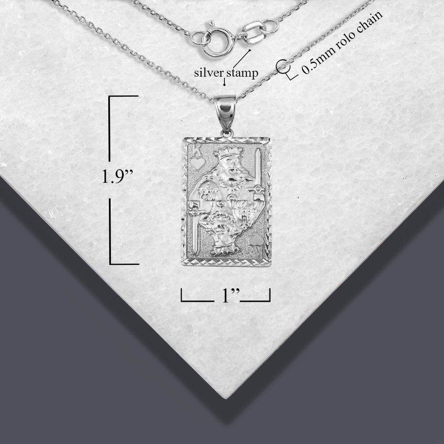 925 Sterling Silver Diamond Cut King Of Hearts Playing Cards Pendant Necklace