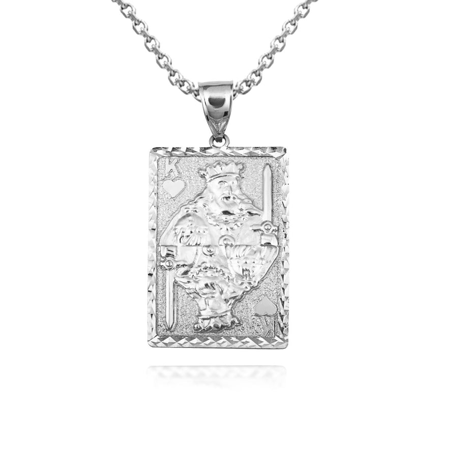 925 Sterling Silver Diamond Cut King Of Hearts Playing Cards Pendant Necklace