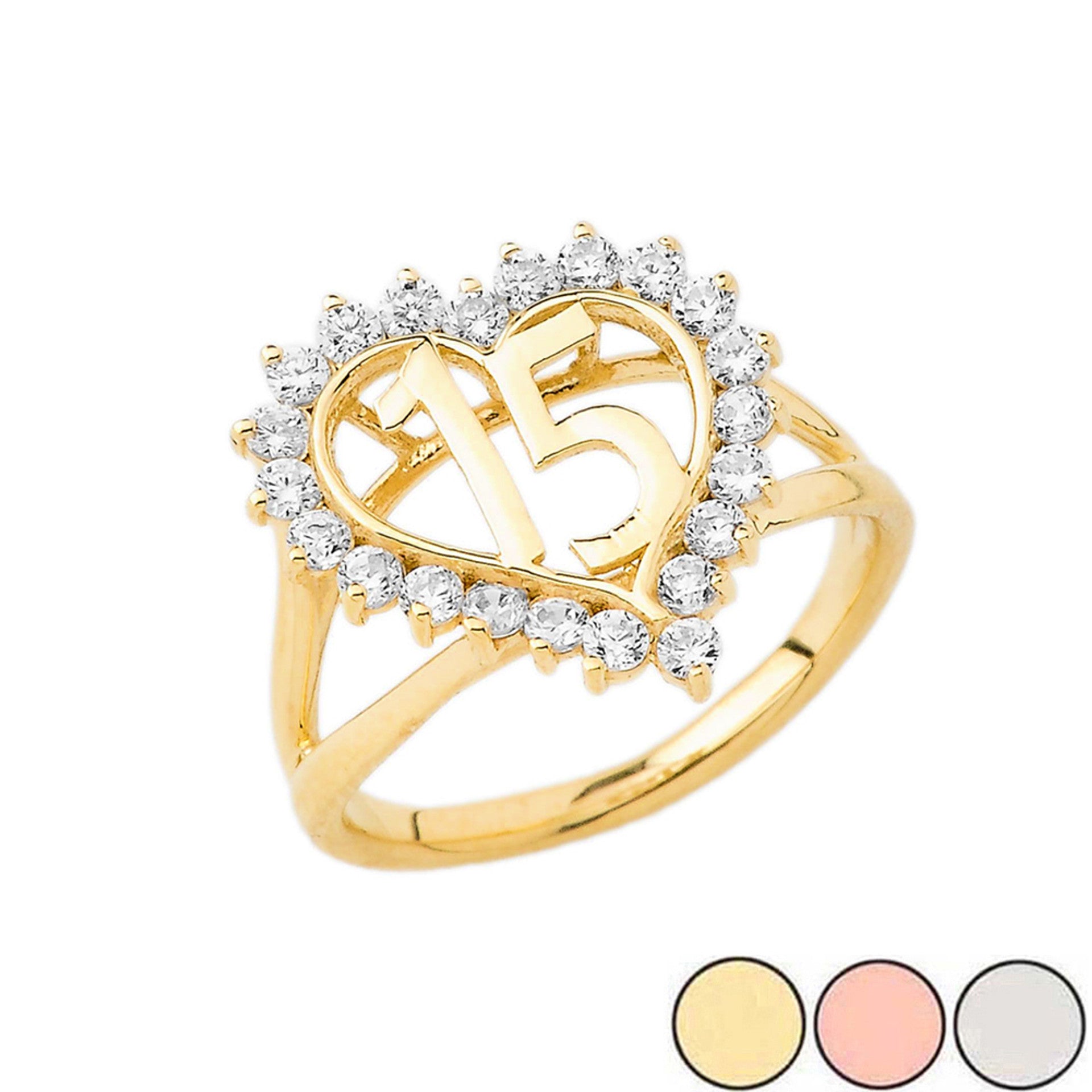 Gold Cubic Zirconia Heart 15 Años Quinceañera Ring (Available in Yellow/Rose/White Gold)