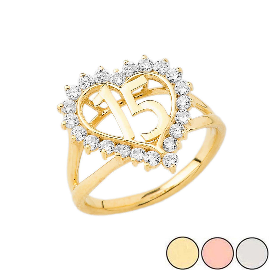 Gold Cubic Zirconia Heart 15 Años Quinceañera Ring (Available in Yellow/Rose/White Gold)