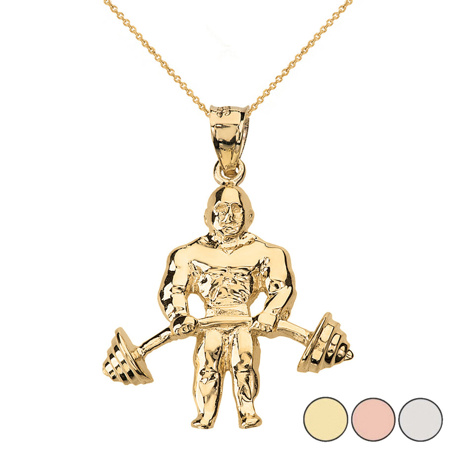 Solid Gold Weightlifting Fitness Sport Bodybuilder and Barbell Pendant Necklace(Available in Yellow/Rose/White Gold)